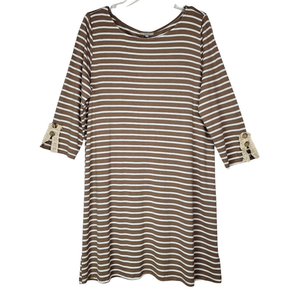 Jodifl Shift Dress Women's L Brown White 3/4 Sleeve Crochet Lace Striped Casual